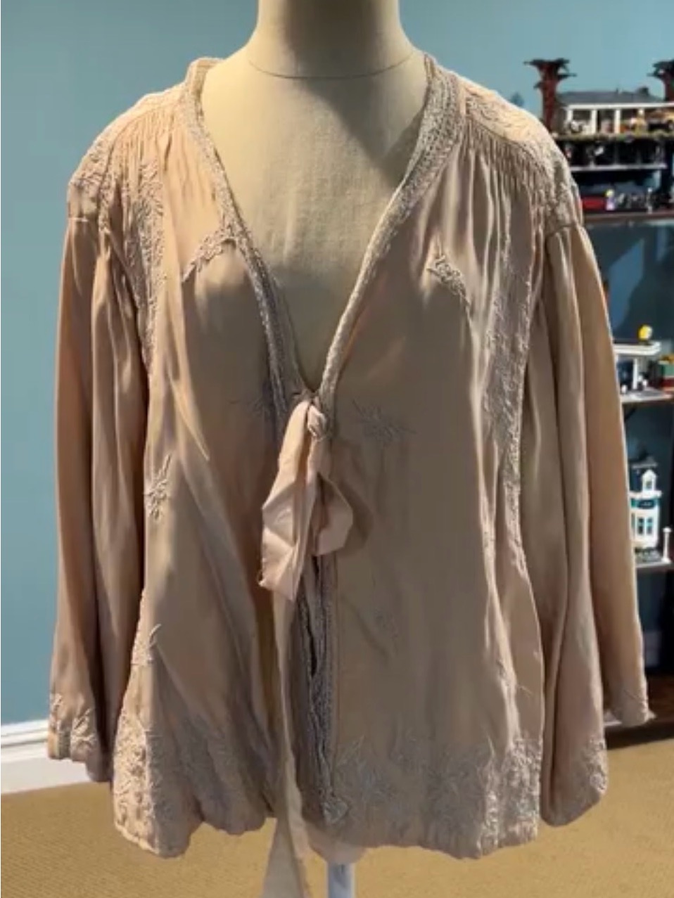 Magnolia Pearl Maeko Silk Jacket 340 Conch One Size Tan Embroidered Tie Front